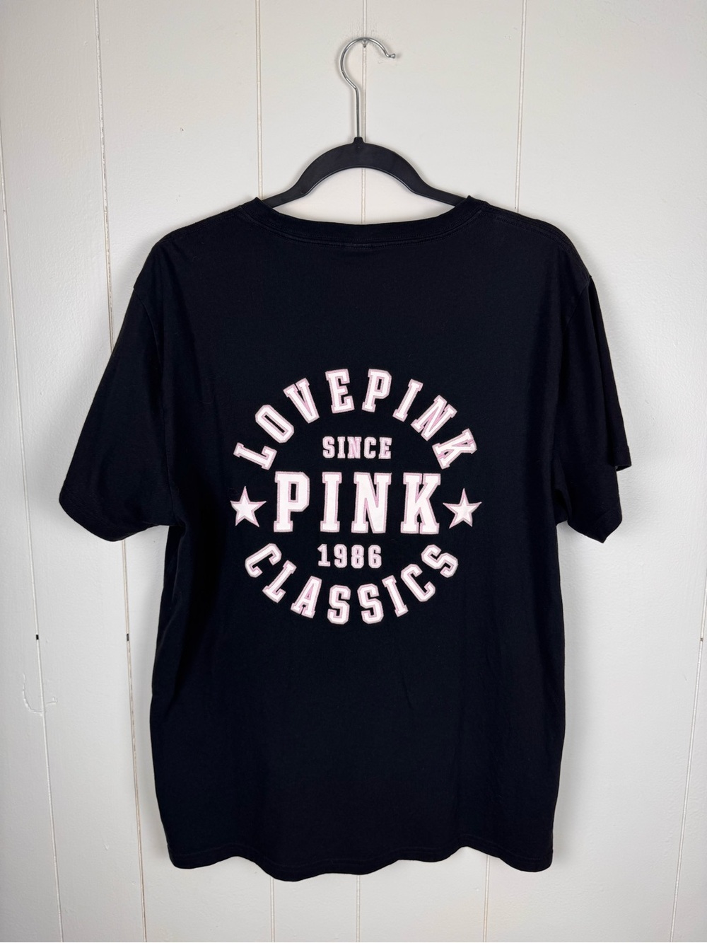 Victoria’s Secret PINK Black Graphic T-Shirt Medium Pink Dog Logo Y2K Varsity